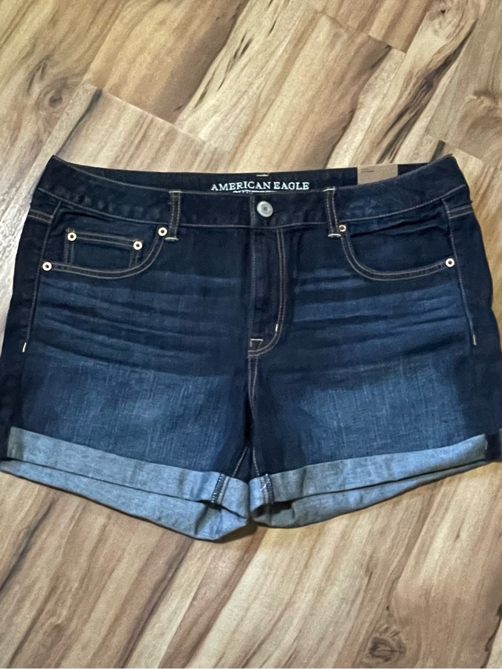 NWT American Eagle Boy Midi Denim Shorts Size 14 Dark Wash Cuffed Retro 2013